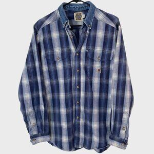 Vintage Rough Stock Western Button-Up Shirt Men's Medium Blue Plaid Long-Sleeve